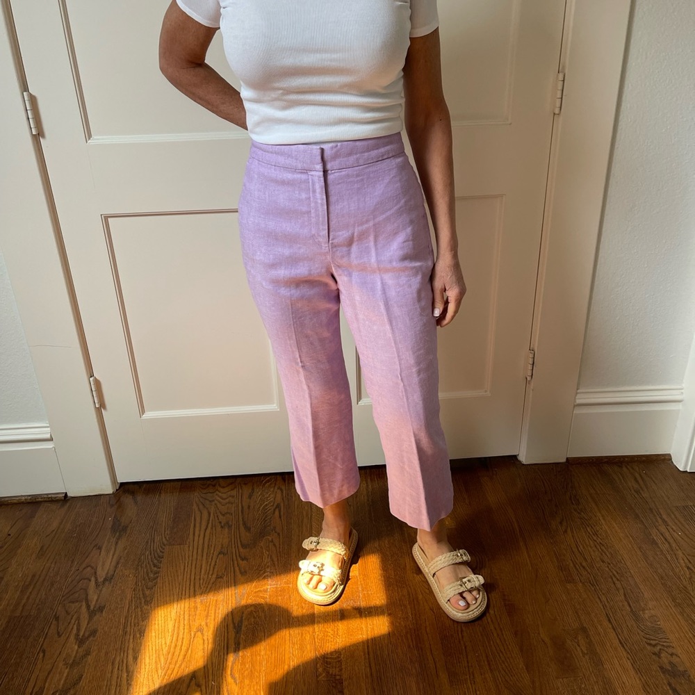 J Crew Size 10 Hayden stretch linen kick out crop pant in purple, lined